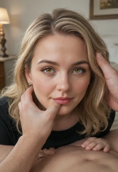 POV, chubby Obese milf, 55 years old married housewife wearing a black outfit, long blonde hair, ((man grapping her head)), looking at viewer, (captivating amber eyes:1.3), cozy bedroom