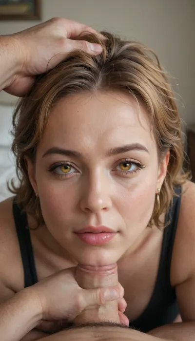 (mature.5), POV, chubby Obese milf, 55 years old married housewife wearing a black outfit, amber hair, ((man grapping her head)), looking at viewer, (captivating amber eyes:1.3), cozy bedroom, <lora:rknArouseXL:.8>