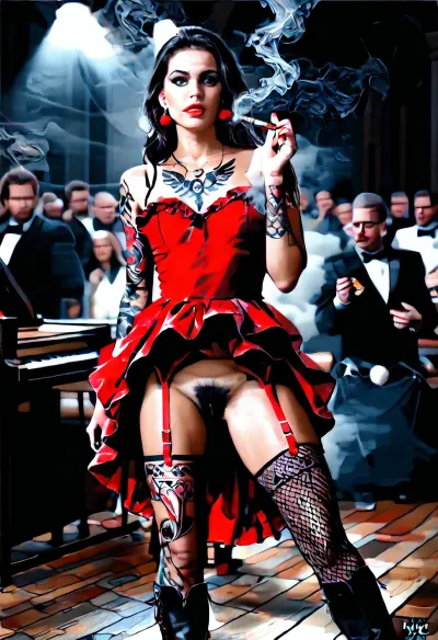 Monochrome, Wild West 1790, a super sexy athletic and flat-chested Native American woman as Classic French cancan dancer on stage in typical sexy costumes and black long hair, (black pubic hair:1.7), (all over tattoo:1.6), ruffles, garter belts and cancan in a saloon, lifts up her dark red miniskirt, (perfect pussy:1.7), she wears, (sexy cancan outfit:1.3), underneath a red lingerie, (dark red velvet dress with many white petticoats:1.4), (black fishnet stockings:1.4), cowboy boots, perfect face, perfect hands, dangerous aura, dancing on the polished wooden stage of a smoky frontier saloon, (pompom in one hand:1.3), warm golden lamplight, card tables and piano in the background, cowboys and gamblers glancing her way. Sawdust on the floor, haze of cigar smoke in the air, filled with dust and smoke, emphasizing a cinematic, dystopian cowboy atmosphere, art Style & Technique is a dirty old style, Ultra-realistic digital painting with cinematic depth of field. Highly detailed texturing on leather, skin, and hair, dramatic contrast lighting and warm dusty tones, a sharp foreground focus and a slightly blurred background to create depth, masterpiece, best quality, ultra-detailed, cinematic lighting, wild west, smoking weed, cannabis, Ultra-realistic Western art, highly detailed, cinematic moody lighting, tense but charismatic atmosphere., crowd, of, people, Black, and, white, art, black, shading, charcoal, toned, brutal, dark, b/w, color, scheme, h41ry, <lora:crowd_notrigger:.8>, <lora:MJ52:.8>, <lora:Black and white art.V1:1.5>, <lora:h41ry:1.9>