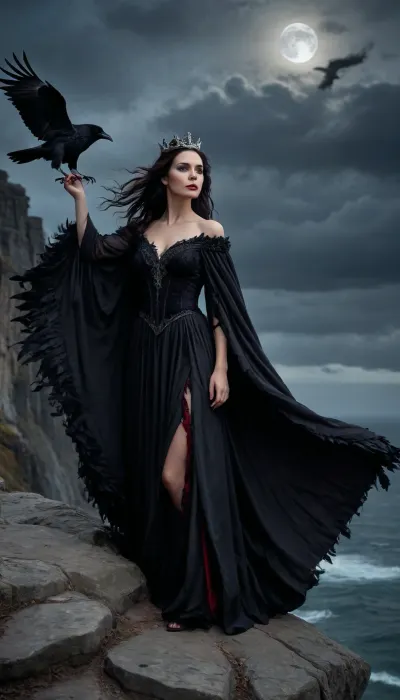 Cinematic gothic fantasy scene of the Raven Queen. Full body shot of a beautiful pale woman standing on a stormy cliff. She wears a flowing black velvet gown and a crown of raven feathers. Her dark hair blows in the wind, eyes steel gray, surrounded by a swirling storm of ravens and feathers. The moon glows red behind her, her cloak unfolds into wings. Epic, dark, elegant atmosphere of power, night, and mystery.
