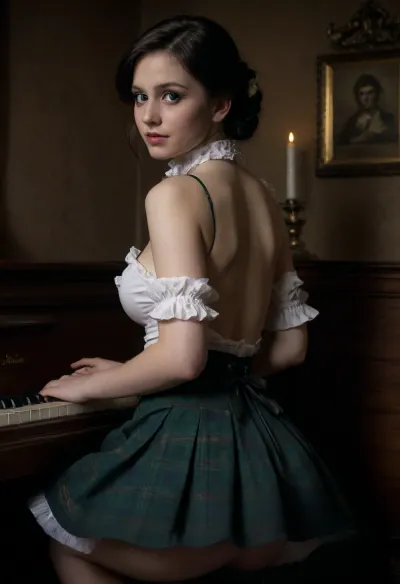 the year 1877, victorian epoch, shy innocent small waitress slender femboy, (pale skin), (((shy))), high pigtails, long hair, black hair, innocent, 30 years old, saggy breast, standing, smile, (((covered tits from top))), small ass, puffy sleeves embroidery top, petticoat skirt, no slip wearing, breast hole in outfit, white classic shoes, victorian outfit, shiny skin, perfect skin, ruffled trim, garter belt, hoop earrings, green eyes, bows in hair, head tilted slightly downwards, tartan pattern, close up lower body, low back view, show ass, sits playing piano, spread legs, moaning, gaping asshole, femboy, <lora:dark:.1>