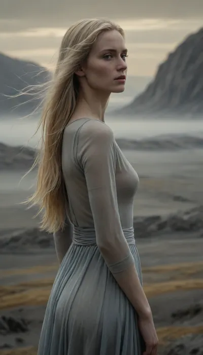 a slender woman shown from the waist up, long pale-blonde hair catching soft gold and silver light, wearing a flowing light garment, standing in a misty gray-blue and ochre landscape, calm introspective expression, cinematic photorealism inspired by the tone of Santiago Caruso, masterpiece, best quality, highly detailed, sharp focus