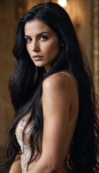 woman, super pretty, long black hair, hairy pussy, italian, troath shot