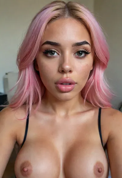 1girl, average height, Hispanic, very tan, pink hair, 19 years old, very thick solo, perfect eyes, realistic, very full lips, biggest lips, lick her lips by her tongue, biggest, bmbplora, <lora:bboobs-000005:2>, <lora:bimboxl_02:2>