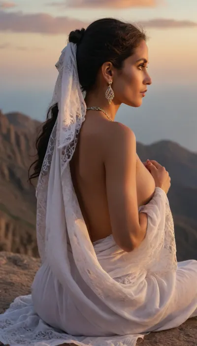 (pastel style painting), of Portrait of a oman half naked classic women 70yo in open aman mountain hills, near sea. dramatic clouds, half moon, sunrise. sitting and eating. Cloted in rich girl classic suite, headscarf, kerchief. outdoor, look from behind, black nice extra long hair, tits, (naked extra small, extra big nipless), all body, one hand up. lace filigree of bright, rich color. Super clear