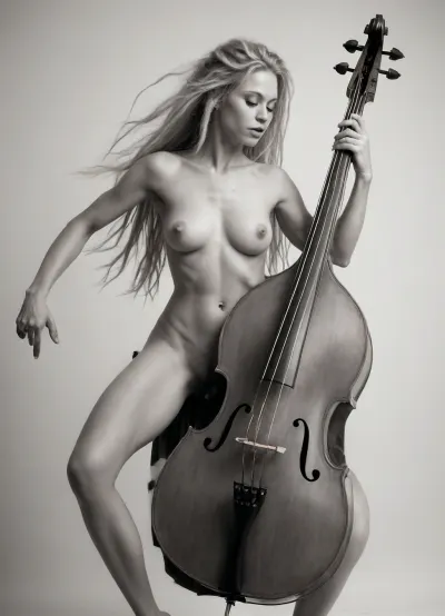 ((full body view)), ((Rough charcoal sketch on white paper)), ((skinny figure)), ((naughty pose)), ((clean line art)), she dynamically plays a Double bass, legs spread wide, her extraordinary long blonde dreadlocks flies back, her breasts bounce very sexy, slim natural body, perky natural boobs, side view, close up face side front angle