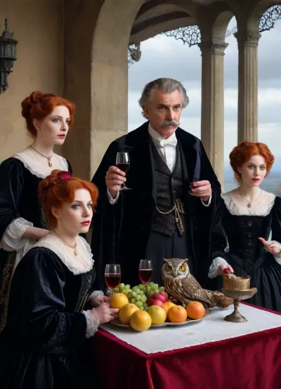 Best quality photo, super detailed, high resolution, Unshaven tall magician man with mustache about 60 years old in black velvet with silver embroidery shouts angrily at two young frightened beautiful redheaded witches, he looks at them, they are guilty, they have high luxurious hairstyles, they are in cherry velvet dresses with gold embroidery and lace, he is holding an owl on his hand, they are all standing on the balcony of the castle at the table, on the table are fruits and glasses of wine, it is snowingchurch, John, Singer, Sargent, Style, page, <lora:John Singer Sargent Style:.8>