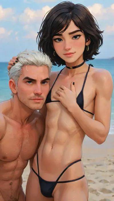 Andava, Andavaverse, The Family Take A Cute Photo On The Beach. Mr Roth Jumps In From Behind, Karura Snaps A Pic.

Mr Roth, Caucasian, Italian-American, Husband, muscular large superhero god tall body tall mature older senior man, Height 6'2, a stylized character with a powerful chiseled build. He has a square jaw, thick black mustache, and intense blue eyes. His short, dark hair is streaked with gray at the temples, styled neatly to enhance his authoritative look. His body is covered with a natural spread of chest and limb hair, emphasizing his masculinity. Defined abs, broad shoulders, and exaggerated muscular proportions give him an imposing, heroic presence, his design emphasizes raw strength, maturity, and dominance. A commanding figure blending rugged masculinity. He's a hardworking Dad of two 'Alexis and Pelo'.
And.
ALEXIS ROTH, Italian-Korean femboy, Height 5'5, A stylized anime-style featuring a feminine, androgynous anime character with bright-blue eyes, black hair and a headband, wearing fashion black bikini, highly detailed, intricate, visible penis bulge, showing toned abs and a relaxed confident expression, coy smile, black nails, The character is muscular yet slender, flat chest, blending masculine and feminine features.

perfect anatomy, best quality, 8k, insane details, intricate details, hyperdetailed, hyper quality, ultra detailed, professional, HDR, ray tracing reflection, cinematic lighting, highlydetailedbody, realisticface, highlydetailedhair, perfectfingers, insanelydetailed, 8K.highdetailedskin, highresolution, (j_cartoon:1.5), Drawing, Andi, uberfit, muscular, athletic, J., Jonah, Jameson, <lora:467443_training_data:1>, <lora:J. Jonah Jameson:1>, <lora:samdoesarts1.1-000030:.4>, <lora:J_cartoon:.3>, <lora:Animated_Concept:.4>
