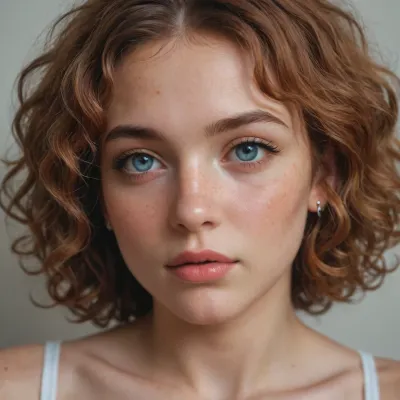 Beautiful, delicate face of a woman, 30 years old, fair skin, slightly freckled, delicate nose, small but full mouth, gentle almond-shaped eyes, curly ginger hair, with drops of cum over her face