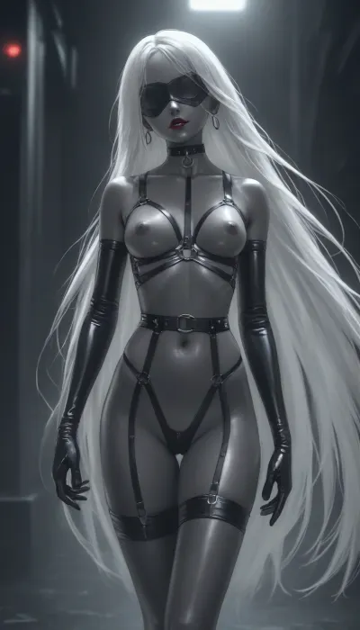 cyberpunk background, slave, (charcoal-black skin:1.5), very dark lipstick, red lipstick, white hair, (extremely long hair:1.3), super long hair, straight hair, straight bangs, tall, (super slim waist:1.3), thin body, slim body, (thin legs:1.2), dark grey areolas, small areolas, big ass, frail body, emaciated, black blindfold, oiled up, naked, black choker, harness, garter, straps, cupless bra, long black gloves, walking, <lora:Harness_Straps_sdxl:1.8>