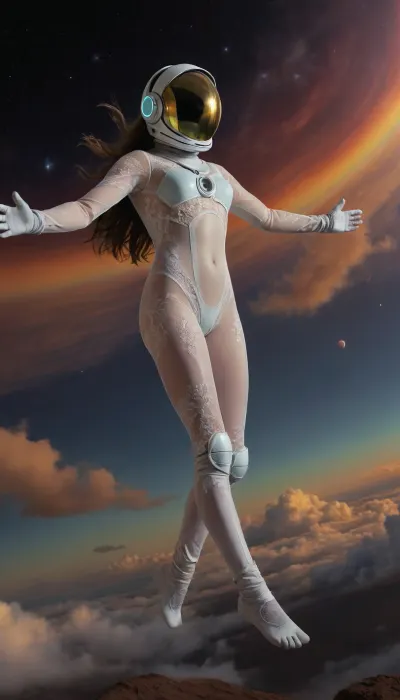 zero gravity, open space cloud, (pastel style painting), Portrait of flying, (soaring, gliding, hovering, floating, drifting, winging, fluttering, ascending, taking off, cruising, legs open, arms open, mind open), a robot half naked in pressure suit, (helmet, glows, spacesuit, protective suit), classic robot 18yo, wather maelstroom. dramatic clouds raibow, full lunar eclipse, sunrise., look from behind, black nice extra long hair, tits, (naked extra small, extra big nipless), all body, one hand up. lace filigree of bright, rich color. Super clear, things, furniture, builfings