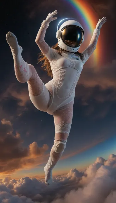 zero gravity, open space cloud, (pastel style painting), Portrait of flying, (soaring, gliding, hovering, floating, drifting, winging, fluttering, ascending, taking off, cruising, legs open, arms open, mind open), a robot half naked in pressure suit, (helmet, glows, spacesuit, protective suit), classic robot 18yo, wather maelstroom. dramatic clouds raibow, full lunar eclipse, sunrise., look from behind, black nice extra long hair, tits, (naked extra small, extra big nipless), all body, one hand up. lace filigree of bright, rich color. Super clear, things, furniture, builfings
