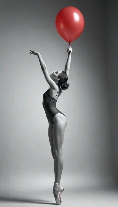 (monochrome:1.5), ((full body backside view)), ((Rough charcoal sketch on white paper)), (23 years old nude skinny ballet dancer), perfect face, perfect beauty, ballet shoes, ((skinny figure:1.3)), skinny ass, (arms stretched upwards:1.3), holds, (a solo red balloon floats above her on a long string:1.2), ((naughty pose)), ((clean line art)), high resolution, 8k, photorealistic