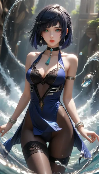ultra-detailed, (best quality), ((masterpiece)), (highres), original, extremely, yelan, Genshin Impact, 1girl, solo, slender, lips parted, dark sleeveless lace bodysuit, blue qipao-style overcoat, silver details, cleavage, high-cut bodysuit, crotch exposed, cameltoe, green eyes, blue hair, choker, short hair, bangs, diagonal bangs, black choker, bare shoulders, bob cut, white bracelets, thigh gap, action shot, wind in hair, wind in clothes, ((big water swirl around girl:1.1), (big magical water flows:1)), fantasy, magical powers, magical, magic, spell, orbs, element, water, swirls, air, wind, <lora:yelan2_xl:1>, <lora:xl0918ice-water:.8>, <lora:SDXL high detailed. LoRA_SDXL_ARW_0010:.8>