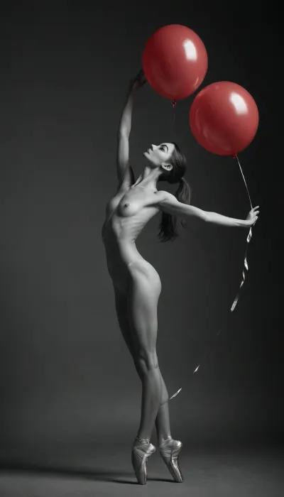 (monochrome:1.5), ((full body backside view)), ((Rough charcoal sketch on white paper)), (23 years old nude skinny ballet dancer), perfect face, perfect beauty, ballet shoes, ((skinny figure:1.3)), skinny ass, (arms stretched upwards:1.3), holds, (a solo red balloon floats above her on a long string:1.2), ((naughty pose)), ((clean line art)), high resolution, 8k, photorealistic