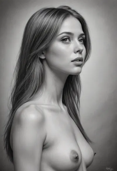 Pencil drawing, nude woman, slender, straight hair, posing, Fine Art, greyscale, side view, PEPencilDrawing, <lora:PE_PencilDrawing:1>
