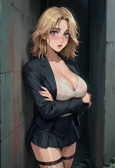Score_9, score_8_up, score_7_up, reiq meets markgavatino art style, full body, 22 year old woman, long wet curly blonde hair, wet skin, wet hair, wet clothes, beautiful face, detailed, blushing, massive pearshaped natural breasts, arms crossed attempting to hide breasts, raised eyebrows, pale skin, detailed eyes, surprised embarrased expression, looking at viewer, mouth wide open, tight and tall hourglass figure, full face blush, voluptuous, hanging cleavage, oiled skin, seductive, black blazer, very wet white oversized completely see through deep t shirt showing white bra, mini skirt, fishnet stockings, wet body, highly detailed, superhigh resolution, standing back against wall, outside in the rain, raining, nighttime, standing, dark light, cute, doodle, ratatatat74, <lora:cutedoodle_XL-000012:.8>, <lora:ratatatat74-000050:.8>, <lora:NEOTOKIOXL_0.2_RC:.8>, <lora:outline_xl_kohaku_delta_spv5x:.8>