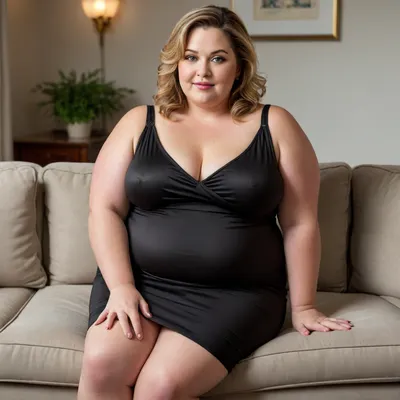 (mature, milf, obese:1.5), photorealistic image of Lu, a fictional 55-year-old mature MILF with a short, bottom-heavy pear-shaped BBW figure. She has wide hips, thick thighs, a cinched waist, and a full, softly contoured bust shaped by age and gravity. Her skin is smooth with subtle signs of middle-aged maturity—gentle creases around her expressive amber eyes and a natural softness to her cheeks. Her face is chubby and oval-shaped, with full, voluptuous lips and bold, expressive eyebrows. Lu’s hair is light brown with subtle caramel highlights and soft gray strands that add character and depth. She reclines comfortably on a plush couch in a cozy, warmly lit living room. She wears a black modal lounge dress with a scoop neckline that gently reveals her décolleté, styled to drape naturally over her curvaceous frame, transparent. Her posture is relaxed—one leg bent, the other extended—with her arm resting on a cushion. The lighting is soft and flattering, casting warm shadows across the scene. Lu gazes directly at the viewer with a confident, emotionally authentic expression that reflects her quiet seduction, vulnerability, and mature allure. Her wedding ring glints on her left hand, adding personal nuance to the moment.