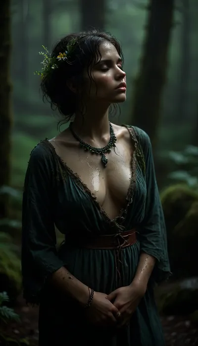 ** Witch girl in a relaxed pose in the rain.** Her raven-colored hair is loose, slightly wavy, with wooden beads woven into the strands and feathers sticking to her skin from the moisture. She is wearing a loose tunic made of natural linen in a milky shade, soaked in the rain, the fabric hugs her ample breasts, transparent in the light, but gently conceals the shape of her thighs, reaching to her knees. The left shoulder is exposed, and the sleeve of the right arm slides down, exposing the collarbone. Around her neck is a simple necklace made of river stones and leather, bracelets made of coarse textiles and turquoise. She stands barefoot on moss by an old stone well, surrounded by a wild forest of lichen-covered boulders, ferns, and rain-drenched flowers. Her posture is deliberately casual, her head is slightly thrown back, her eyes are closed, and her lips are slightly parted, as if she is inhaling the smell of rain. Her face is lightly flushed and her skin glistens with moisture. The rain washes softly over her, trickles down her back, neck, and legs, and the hem of her tunic sticks to her thighs, emphasizing their roundness. All around — fog mixed with rain, and the green of the forest, illuminated by the dim light of the moon. The atmosphere is calm, almost peaceful, no crows, no tombstones — just nature. Her image combines natural sexuality, (wet fabric, exposed skin), and harmony with the forest, and in her hand she holds a wreath of wildflowers, as if just woven. Details, drops on the eyelashes, a slight smile, bare feet pressed into the moss, and a warm skin tone that contrasts with the cold tones of the rain., witch_style, <lora:dark:.8>, <lora:MJ52:1.1>