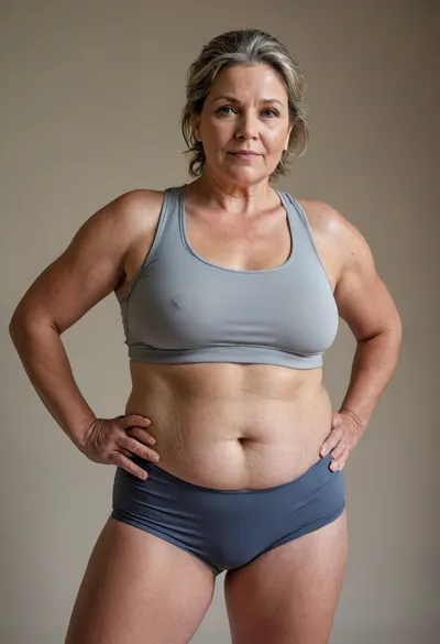 a chubby 50yo mature woman with stretch marks in a sport outfit, looking at viewer, <lora:stretch_marks:1>