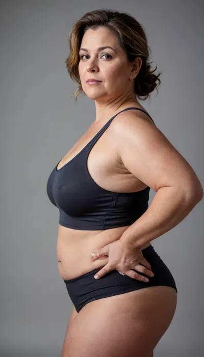 a chubby 50yo mature woman with stretch marks in a high-waisted sport outfit, looking at the camera, 45° sideview, full waistline, full figured, large butt