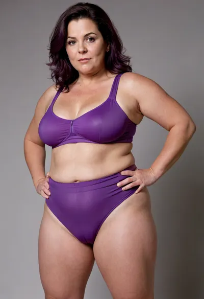 a chubby 50yo mature woman with stretch marks in a purple high-waisted sport outfit, looking at the camera, full waist, full figured, saggy, sagging, bulging pubic mound, fuller pelvis, pubic mound, wide hips