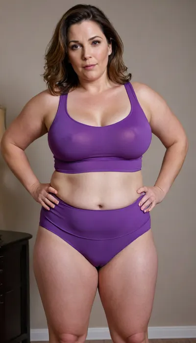 a chubby beautiful 40yo mature woman with stretch marks in a purple high-waisted sport outfit, looking at the camera, full waist, full figured, saggy, sagging, chest", bulging pubic mound, fuller pelvis, pubic mound, wide, huge, hips