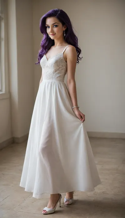 realistic portrait, Rarity from Equestria Girls, long shiny purple hair with a gradient to lavender, big expressive blue eyes, gentle smile, fair skin, natural makeup with eye emphasis, elegant white dress with lace inserts, silver drop earrings, thin bracelets, low-heeled shoes, neutral light background, soft studio lighting, photorealism, 8K, depth of field, detailed fabric and hair textures.