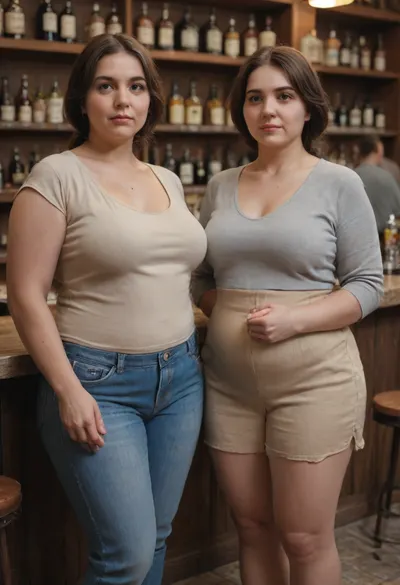 2girls, Two milfs, two moms, two old fat BBW woman, realistic image, (russian:.7), (armenian:.5), sexy, both wearing low-cut casual clothes, (fully clothed), brunette, fat, round face, (detailed face and eyes:1.2), (standing next to each other), crowded bar scene, ((They look at the viewer with desire)), mature, female, motherly, milf
