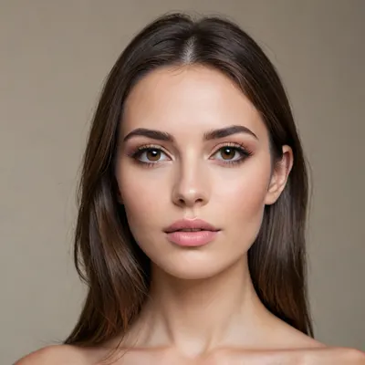 Here is a detailed description of the face in the image provided, suitable for input into an image generator, Facial Features, Overall Impression, A mature, symmetrical face with defined features and professionally applied makeup.
Skin, Fair to light skin tone. Texture appears smooth, likely enhanced by makeup. Some subtle signs of aging around the eyes and forehead, (fine lines), .
Eyes, Almond-shaped, medium-sized eyes with a warm brown iris. The makeup emphasizes the eyes with dark eyeliner on the upper lid and subtle eyeshadow. Well-defined eyebrows with a natural arch, filled in to enhance their shape.
Nose, Medium-sized, straight nose with a slightly rounded tip. The bridge of the nose is well-defined.
Mouth, Medium-sized lips with a natural pink color. The upper lip is slightly thinner than the lower lip.
Cheeks, Defined cheekbones, subtly highlighted with blush to add warmth and contour.
Jawline, A soft, slightly rounded jawline.

Hair, Dark brown, almost black hair is styled in a somewhat formal, semi-updo.
The hair is wavy and pulled back from the face with some loose strands framing the face.