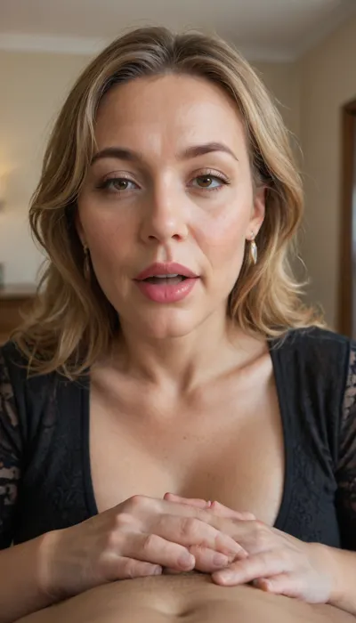 (mature:1.5), POV, (open mouth), chubby Obese milf, 55 years old married housewife wearing a black outfit, amber hair, ((man grapping her head)), looking at viewer, (captivating eyes:1.3), cozy bedroom