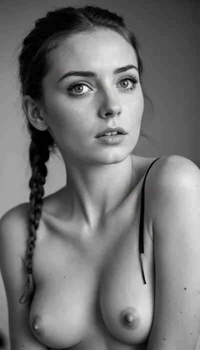 (((black and white photo:1.5))), (((black and white photo:1.5)), ((grayscale photo:1.5)), (high contrast), (high key photo), 25 year old brunette cute woman, slim body, pale skin, small body, (medium boobs), (cleavage), freckles, terrified of the viewer, eye contact, long straight braided hair in a high ponytail, wide panicked eyes, blue eyes, bedroom, stud earrings, toned belly, woman)