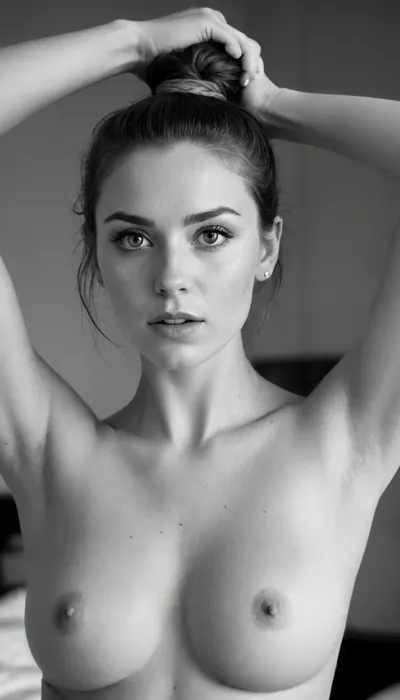 (((black and white photo:1.5))), (((black and white photo:1.5)), ((grayscale photo:1.5)), (high contrast), (high key photo), 25 year old brunette cute woman, slim body, pale skin, small body, (large natural boobs:1.5), ((saggy breasts:1.5)), (cleavage), freckles, terrified of the viewer, eye contact, long straight braided hair in a high ponytail, wide panicked eyes, blue eyes, bedroom, stud earrings, toned belly, woman, ((arms in sexy pose up above head)), ((closely woven into the hair)))