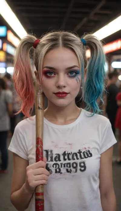 Harley Quinn, brightly colored pigtails, (pink and blue), half-white, half-red face, red and black costume, baseball bat in hand, background of Gotham streets, neon lighting, photorealism