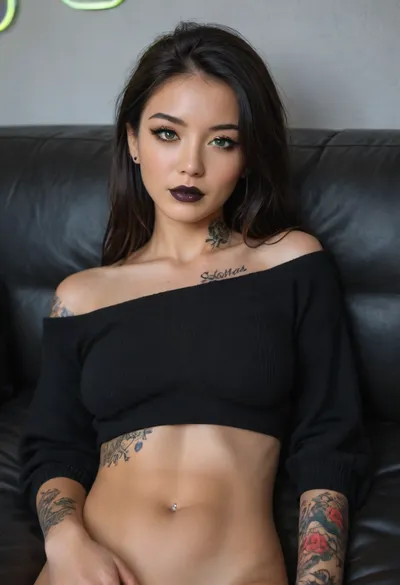 beautiful face, medium breasts, hourglass figure, (Asian), black hair, green eyes, pale skin, alternative style, goth makeup, (black lipstick), (tattoos), (horny expression), cropped off the shoulder sweater, (lounging on couch), lying down, relaxed, nighttime, neon glow, multiple ear piercings, photorealistic, (perfect eyes), <lora:attractive_notrigger:.5>, <lora:Midjourney Image Enhancer XL v1:.6>