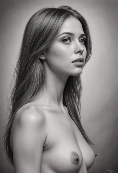 Pencil drawing, nude woman, slender, straight hair, posing, Fine Art, greyscale, side view, PEPencilDrawing, <lora:PE_PencilDrawing:1>