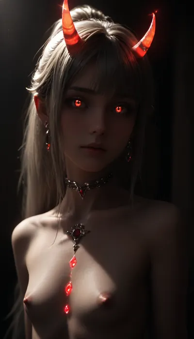 Girl from Genshin impact, Multicolour silver_red Hairstyle, long ponytails, charming eyes, bright glowing red pupils, Night, monnlight, (flatchest:1.1), slutty pose, (lots of highly detailed glowing bodyjewelry:1.6), ultra detailed, (high resolution:1.4), slim gymnast body, (really long ponytail:1.4), (red glowing magic on body:1.6), dark, theme, bodysuit, HD, barely legal 18yo girl, white hair, (Euro Caucasian), (highly detailed face, beautiful, blushing), (Earrings), anorexic, extremely skinny, {brown wide-open eyes}, round ass, shaved pussy, nipples pokies, (8k uhd, dslr, highest quality, masterpiece, photorealistic, detailed skin texture, (highly detailed face), extremely detailed, soft focus, ultra-detailed, ultra realistic face, ultra-realistic, realistic), photorealistic, detailed skin texture, (highly detailed Iridescent long hair), (highly detailed face), extremely detailed, soft focus, ultra-detailed, ultra realistic face, ultra-realistic, realistic, tattoo, Tattoos on the face, demonic horns, dark horns, leather corset, dark demonic background, sukunatattoo, cut3h0rnstyl3, portrait, nippled, (iridescent emerald, purple, magenta, fuchsia, green, violet), breast, glow, hair, multicolored, <lora:flat_chested_v3.5:2>, <lora:zavy-hrglw-sdxl:2>, <lora:SDXL Detail:2>, <lora:dark:2>, <lora:EnvyZoomSliderXL01:2>