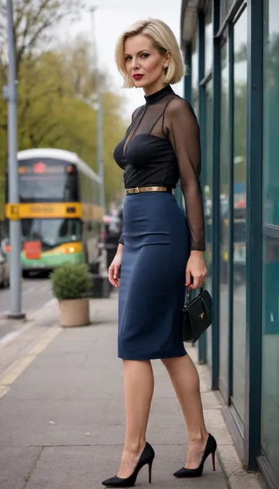 A woman is standing at a crowded bus stop, she is wearing clothes, a long darkblue tight carondache skirt with a slit and a high waist, a black silk blouse tight-fitting falling breasts, Nipples visible through clothing, long tits, short haircut, light yellow hair, 55 years old, slender legs, a large rounded ass, women's black shoulder bag, black high heels, louboutins, dried face of Caucasian appearance, Russian milf, sokate, <lora:sokate:.8>