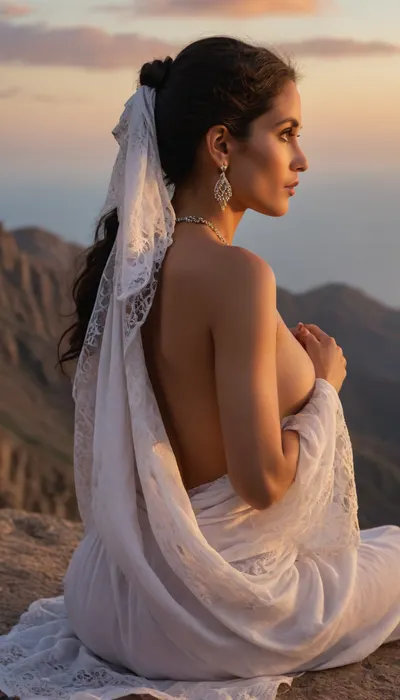 (pastel style painting), of Portrait of a oman half naked classic women 70yo in open aman mountain hills, near sea. dramatic clouds, half moon, sunrise. sitting and eating. Cloted in rich girl classic suite, headscarf, kerchief. outdoor, look from behind, black nice extra long hair, tits, (naked extra small, extra big nipless), all body, one hand up. lace filigree of bright, rich color. Super clear