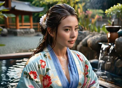 (masterpiece), (highest quality), (extreme detail), photorealistic, (lying and looking back at viewer:1.2), (steaming water:1.1), young woman, Eurasian woman, heroine, (exquisite appearance), (perfect body proportions), stunningly beautiful facial features, long dark brown hair, loose hair, (wet hair:1.4), radiant skin, sweat, (wet kimono:1.4), (transparent kimono:1.6), (Breast and nipples visible through kimono:1), dark blue with gold floral pattern, (studio lighting:1.1), (soft light), high sharpness, richness of textures, clear pattern, (natural makeup:1.1), glossy lips, gentle smile, candles, massage oil bottles, folded towels beside the spa ancient Japanese spa, steam, water in foreground, outside, formal garden in background, Relaxed_Woman, laying, down, <lora:390293_training_data:.8>, <lora:SDXLHighDetail_v6-000005:.8>