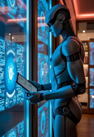 A 22nd-century municipal library, a humanoid android archivist stands in front of databases, holding a futuristic tablet. Library of the future, library server room. Science fiction, fantasy, interior of a futuristic library, neon lighting, Michael Whelan style, color, contrast, tone, texture, details, stylish, elegant