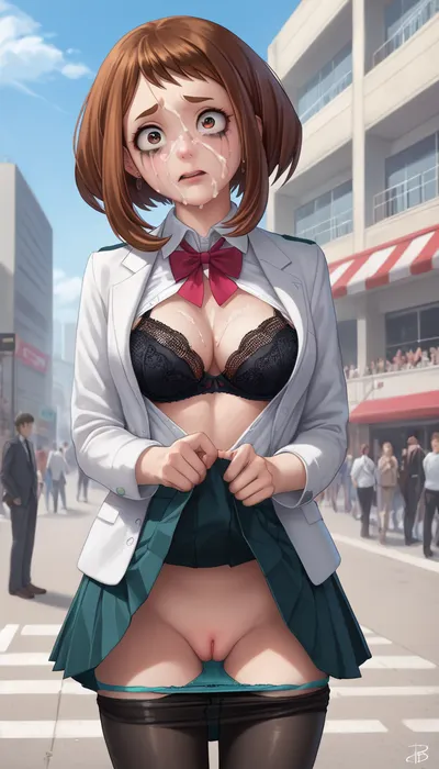 Standing, runny mascara, cum on face, Ochako Uraraka, white collared shirt, pleated skirt, black pantyhose, skirt lift, pantyhose down, open shirt, pinky lace bra, audience, panties down, pussy, outdoor, city ​​square, embarassed, look away
