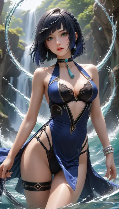 ultra-detailed, (best quality), ((masterpiece)), (highres), original, extremely, yelan, Genshin Impact, 1girl, solo, slender, lips parted, dark sleeveless lace bodysuit, blue qipao-style overcoat, silver details, cleavage, high-cut bodysuit, crotch exposed, cameltoe, green eyes, blue hair, choker, short hair, bangs, diagonal bangs, black choker, bare shoulders, bob cut, white bracelets, thigh gap, action shot, wind in hair, wind in clothes, ((big water swirl around girl:1.1), (big magical water flows:1)), fantasy, magical powers, magical, magic, spell, orbs, element, water, swirls, air, wind, <lora:yelan2_xl:1>, <lora:xl0918ice-water:.8>, <lora:SDXL high detailed. LoRA_SDXL_ARW_0010:.8>