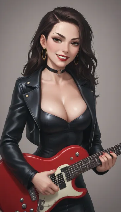score_9, score_8_up, score_7_up, 1girl, (incase, incase style:.6), (mischievous esthetic:1.2), (busty, vivid red lipstick), (cleavage, leather jacket, rockstar), (soft playful grin, flirty expression, naughty tease, seductive pose), (large expressive eyes), (playing guitar), <lora:princess_xl_v2:.8>