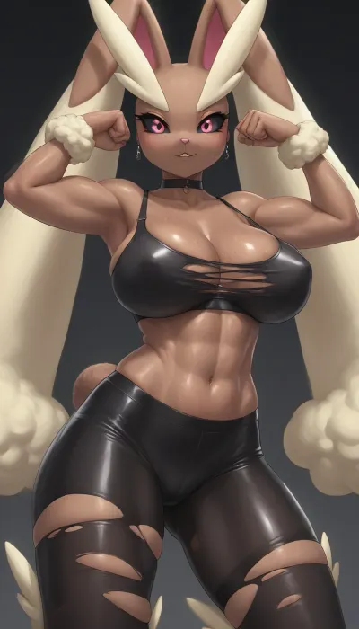 giant muscular Lopunny, (Pokemon), flexing in ripped black stockings. giant areolas, covered perky nipples, giant milky boobs, sweaty. Black choker, stretched leather bra, ripped leggings.

worm pov, moody lighting.

anthro bunny lopunny