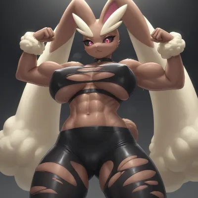 giant muscular Lopunny, (Pokemon), flexing in ripped black stockings. giant areolas, covered perky nipples, giant milky boobs, sweaty. Black choker, stretched leather bra, ripped leggings.

worm pov, moody lighting.

anthro bunny lopunny