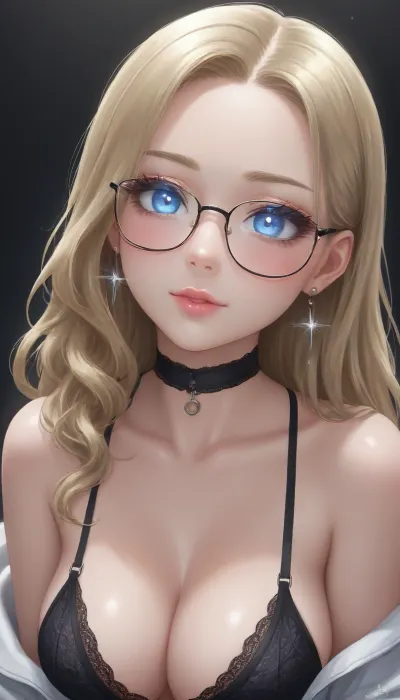 influencer, (long eyelashes:2), blond hair, straight hair, long hair, light blue eyes, black choker, (lace bra:1), (big cleavage:1.2), (strong blush:1.5), (big glasses:1.3), big tits, zoom on face and tits, (sparkling eyes:1.6), (glowing eyes:1.6), sparkling earrings, smile, (black eye make up), <lora:Jeweled eyes-NAI:2>