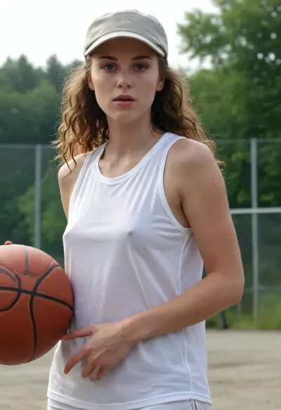 (masterpiece, best quality:1.2), 1 40yo woman, sexy nordic woman, (she wears a wet baggy oversized white sleveless basketball shirt with big number " 8 ":1.4), outdoors in a motodrom, (longest curly brunette hair:1.2), she wears no bra, grey eyes, pointed nose and chin, (she wears a basecap:1.4), photorealism, Wearing, clothes, that, make, sense, with, Braless>, <lora:681678_training_data:.5>, <lora:bralessSDXL_v1_00022:.5>