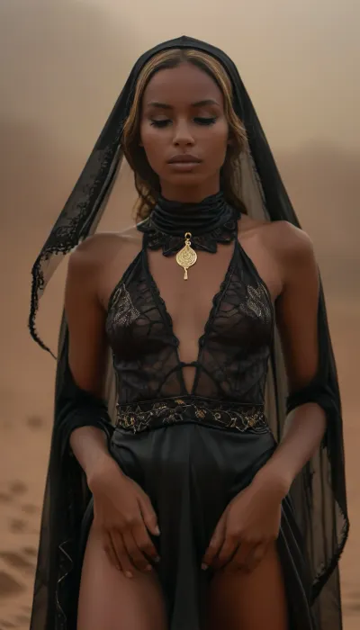 AI, make an effort with your hands and five fingers, ((full body front view from very low angle:1.5)), upskirt, masterpiece, very deeply tanned very beautiful slim 18 year old nomad nubian girl dressed in black hunting suite in desert, (full moon, fog misty), with closed eyes, ((wearing tight delicate black lace traditional dress)), ((black gaze veil covering the head and eyes)), black sundress reveals partially her shaved pussy beneath hem, detailed tight clitoris, necklace, (lot of gold lingery), closed eyes, perfect medium-size breasts, black extra long dreds, ((glossy very deep seamless suntanned skin:1.5)), narrow waist, closed eyes with excited expression, full body, vagina, out, rear, shot, front, clothes, Braless, braless, Wearing, that, make, sense, with, Braless>, NEGATIVE_HANDS, <lora:upskirt:.5>, <lora:style_lora_realis:1>, <lora:bralessSDXL_v1_00022:.5>, <lora:Midjourney Image Enhancer XL v1:1>