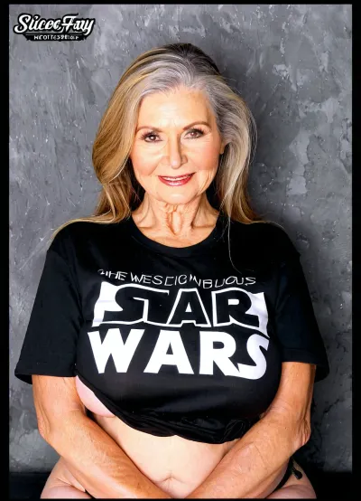 Very busty old common grandmother, massive oversized siliconed breasts, real old grandmother, tight t-shirt, Star Wars Chewbacca fan's shirt, thick old grandmother
High detailed photo, high quality photo, portrait, different angles posing style, wide shot, photo booth
